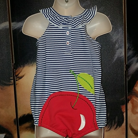 RockABilly Girl Blue Stripe Romper w Cherry Bottom - Picture 2 of 8